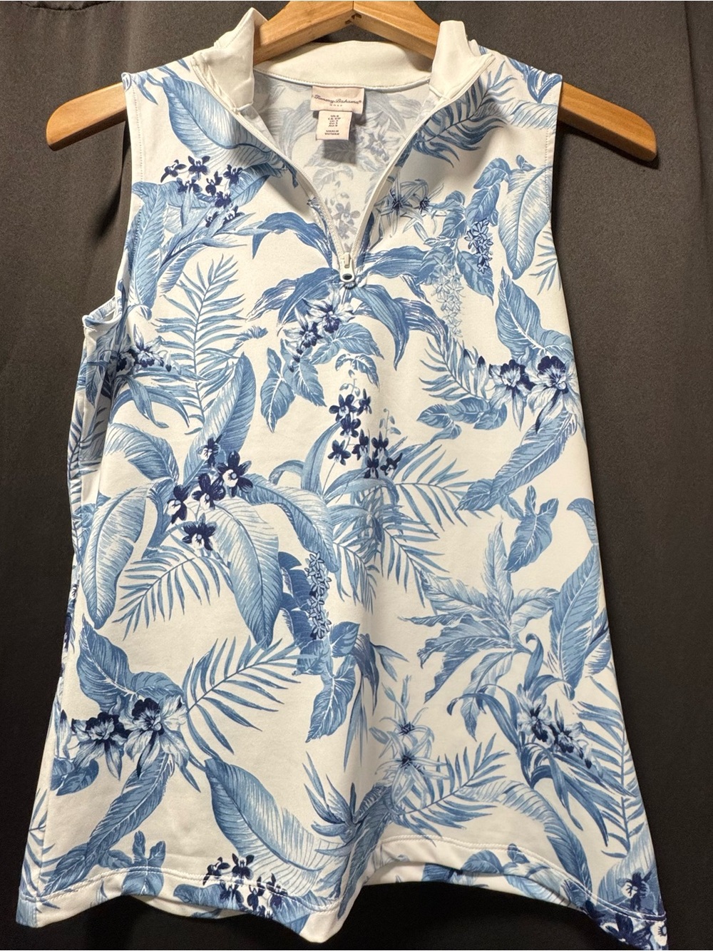 Tommy Bahama White and Blue Tropical Print Sleeveless Zip Golf Tank